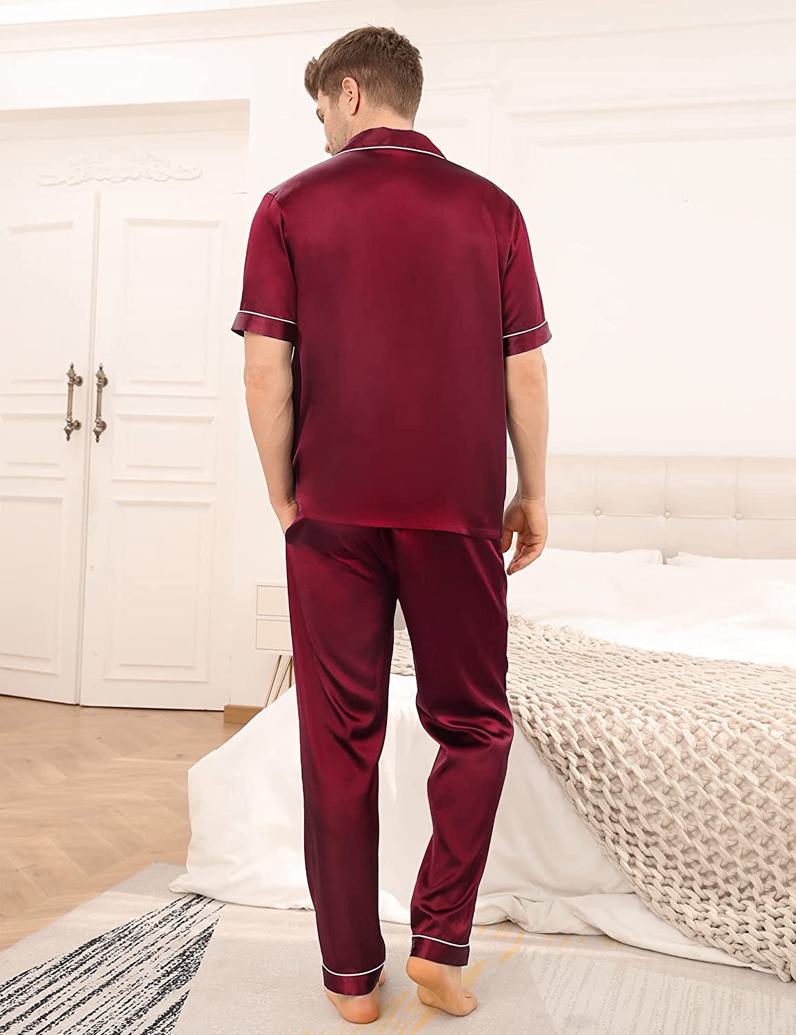 SWOMOG Men's Silk Satin Pajama Set Short Sleeve Classic Sleepwear Button Down Loungewear with Long Pants - Image 4